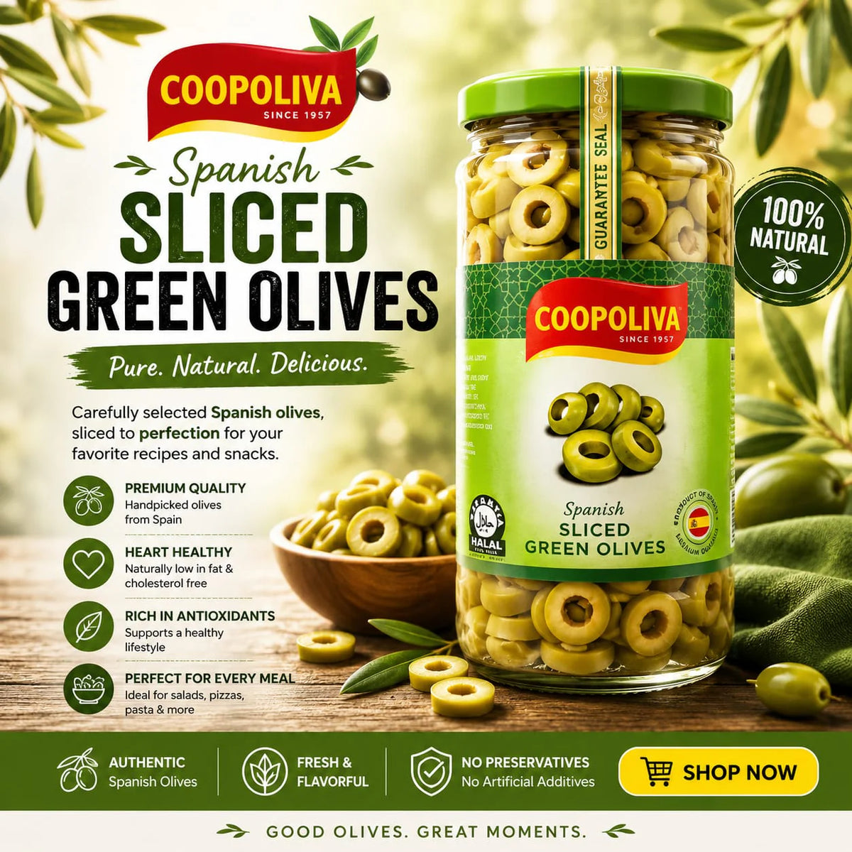 Coopoliva Sliced Green Olives 450g