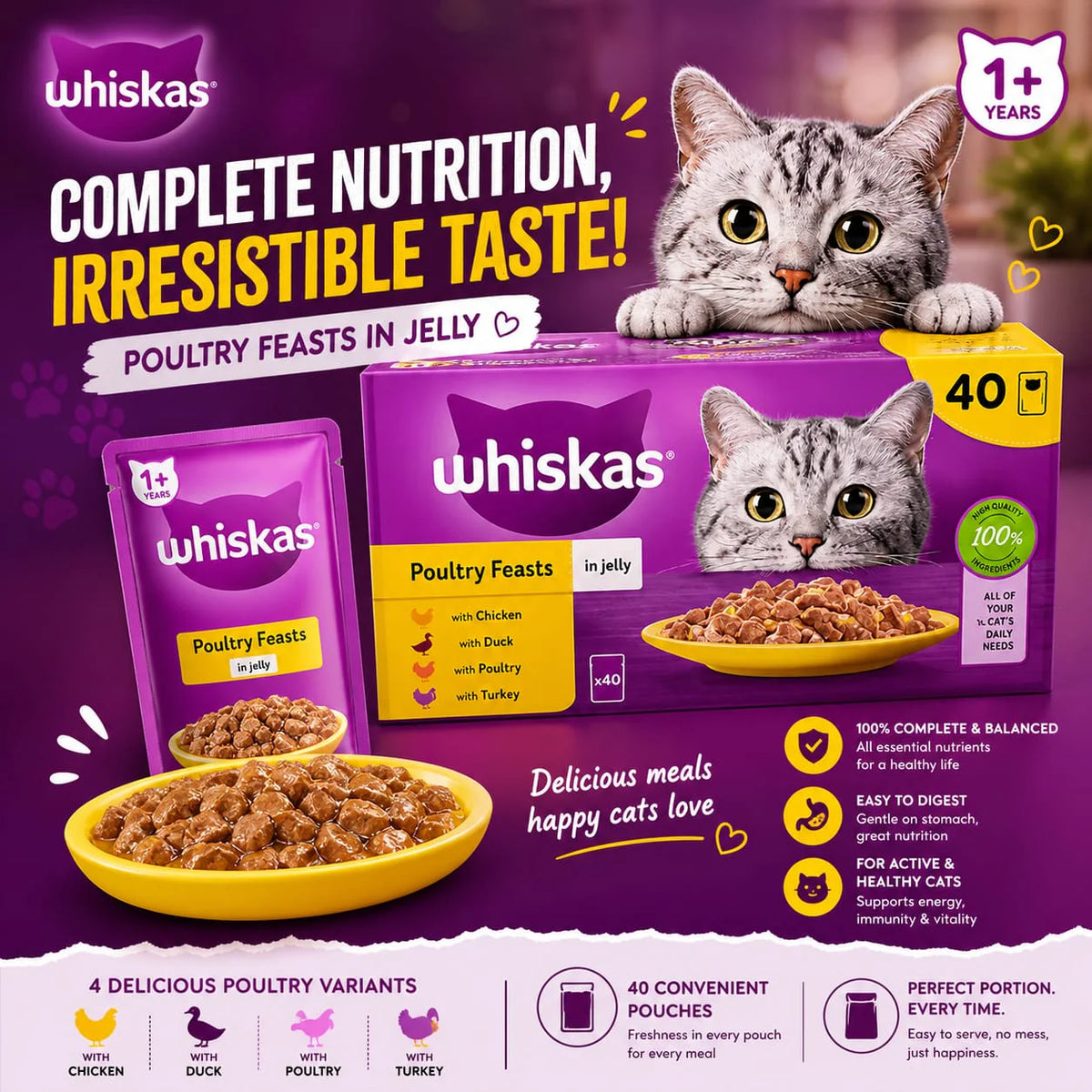 Whiskas 1+ Poultry Feasts Wet Cat Food Pouches in Jelly 40 x 85g