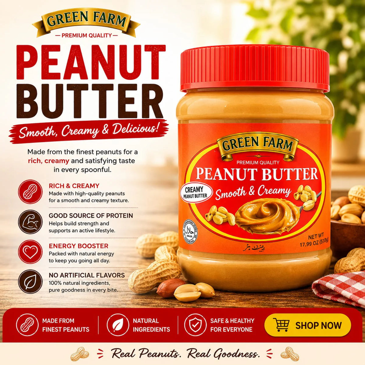 Green Farm Peanut Butter – Smooth & Creamy (510g)
