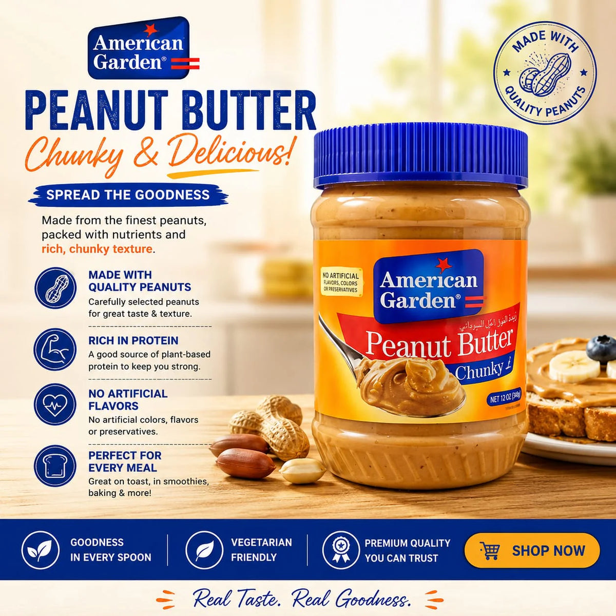American Garden Peanut Butter – Chunky (510g)
