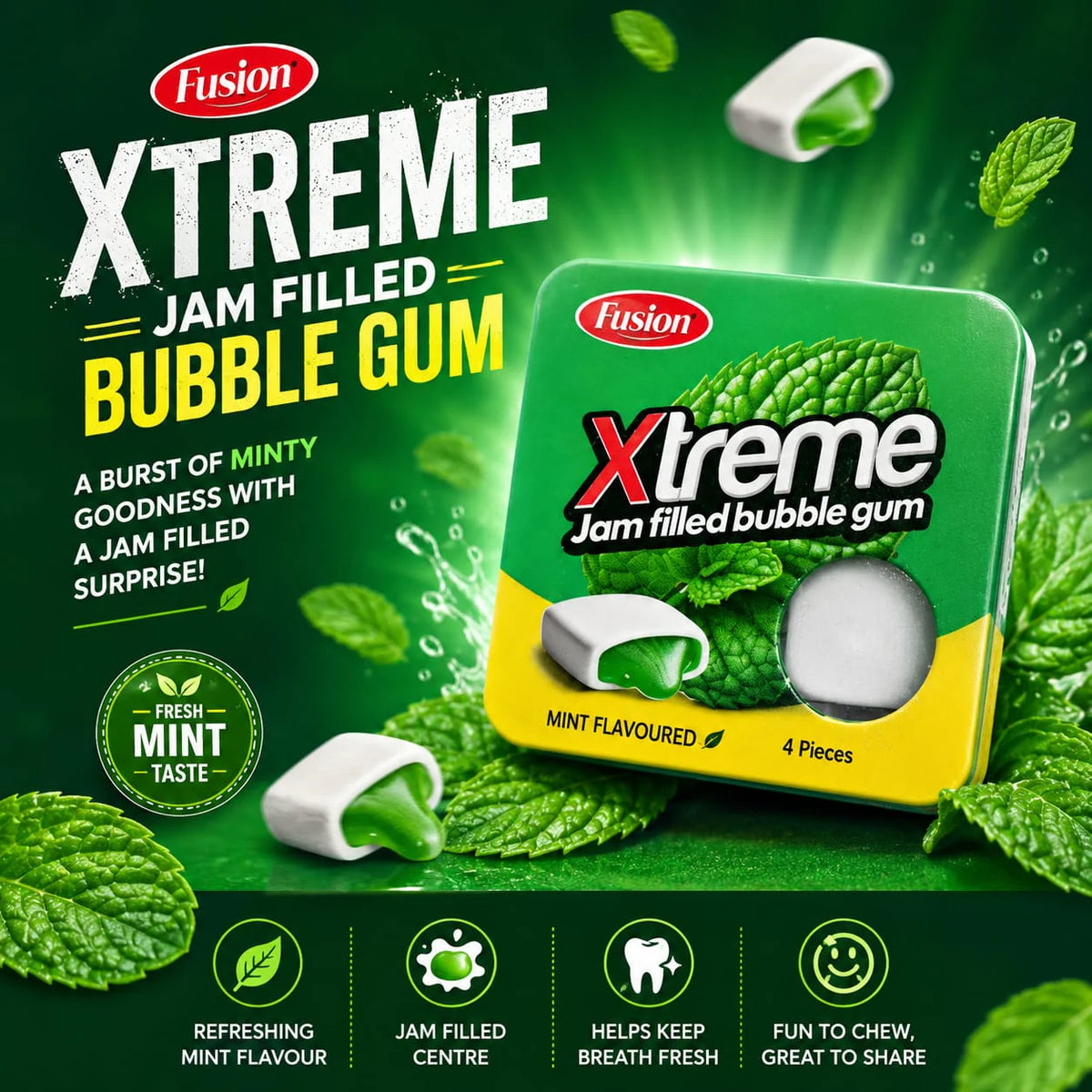 Fusion Xtreme Jam-Filled Bubble Gum (Mint Flavor, 13.5g)