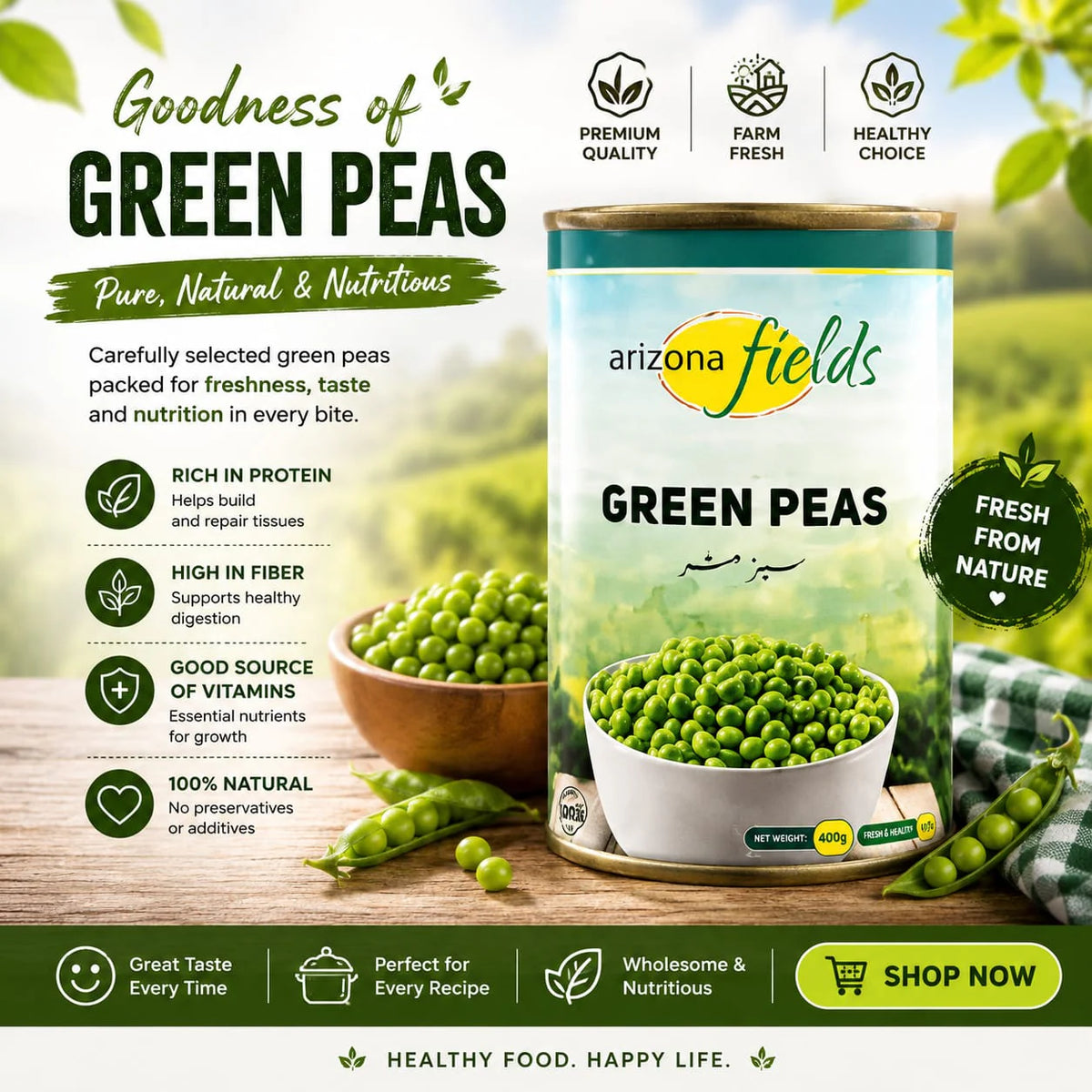 Arizona Fields Green Peas Tin 400g